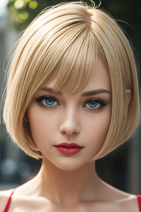 close up, beautiful woman, detailed face, blonde bob cut hair, symmetric, piercing green eyes, red lipstick