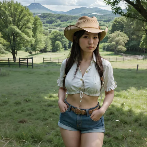 cowgirl, Japanese, hotpants，pasture, exposing thighs, outdoor, best quality, masterpiece