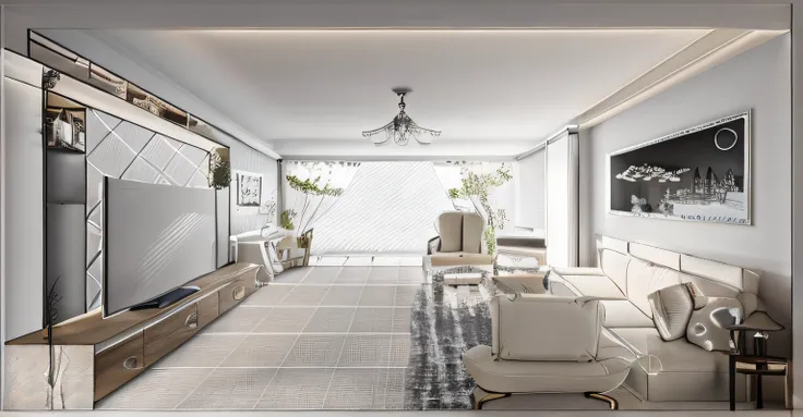 Interior design,Interior furniture,interior space layout,On the left is a black TV,Warm white Roman column marble stone TV background wall,TV background wall white striped pattern stone carving,Below is the TV cabinet,hidden lights on ceiling,Beige floor t...