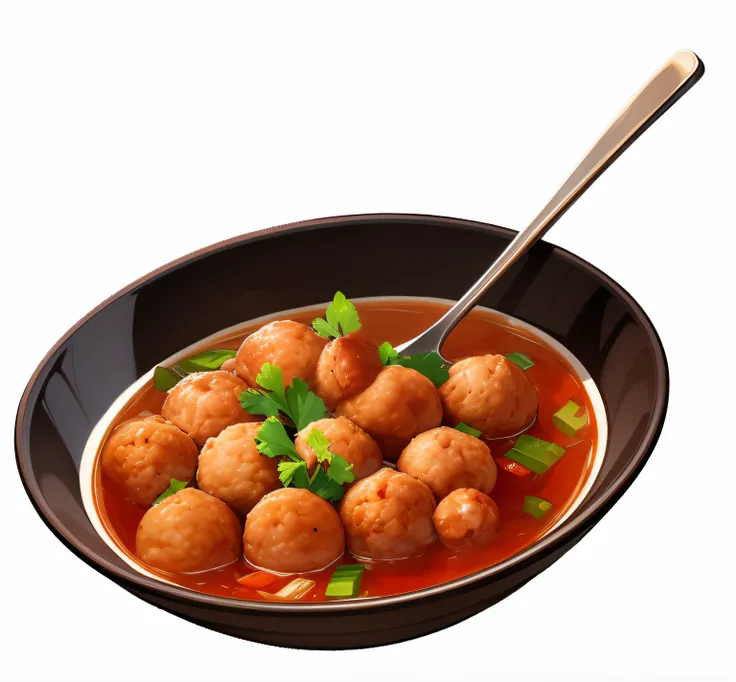 A bowl of soup，There are meatballs and a spoon inside, Cartoon tofu potatoes, digital painting very detailed, high detail digital painting, digitial painting, very detailed digital painting, detailed digital painting, Super realistic food pictures, highly ...