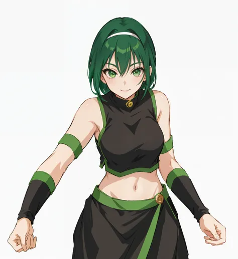 anime woman smiling with green hair and a black top, rogue anime girl, female anime character, kunoichi, toph bei fong, anime style character, anime character, fubuki, saiyan girl, natalie from epic battle fantasy, inspired by Rei Kamoi, tatsumaki, rei hir...