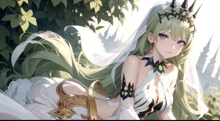 high detail, symmetrical, masterpiece, best quality, mobius (honkai impact), honkai (series), honkai impact 3rd, 1girl, solo, green hair, long hair, looking at viewer, small breasts, same eye colour, wedding dress, outdoors, bridal veil, long dress, white ...