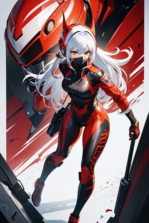 ((best quality)), ((masterpiece)), (detailed), detailed, racing, full body, pose, red, yellow, black, streetwear, techwear, helmet, facemask, female, white hair