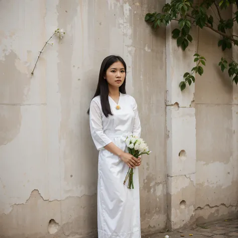 Woman wearing white traditional Thai dress Holding flowers standing next to the wall, Thai woman