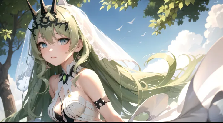 high detail, symmetrical, masterpiece, best quality, mobius (honkai impact), honkai (series), honkai impact 3rd, 1girl, solo, green hair, long hair, looking at viewer, small breasts, same eye colour, wedding dress, outdoors, bridal veil, long dress, white ...