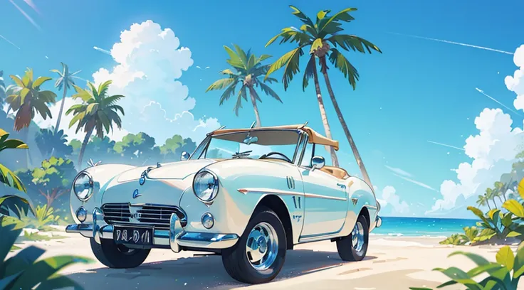 sand beach, palm tree, summer blue sky, (((white convertible classic car)))