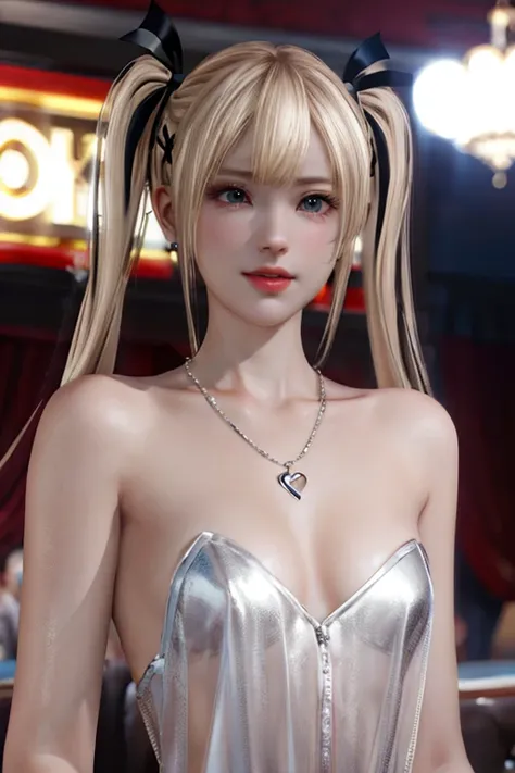 Marie Rose, 8K CG, flawless, masutepiece, Solo, 1girl in, embarrassed, (angry:0.5), Casino, Rich, night dress, Necklace, Earring, tiny chest, cleavage, Face Focus, gleaming skin, elbow groves