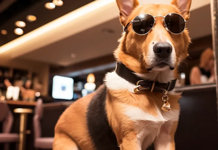 Caramel dog in a club with sunglasses