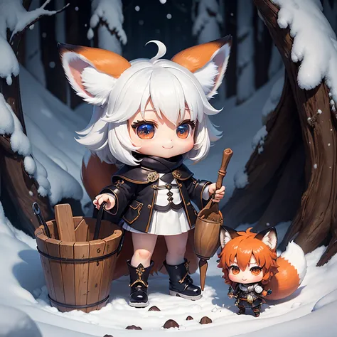 ​masterpiece、top-quality、ultra-detailliert、(Chibi character fox ears child:1.2)、fairy tale snow forest、mini scoop、mini bucket、A smile、Standing