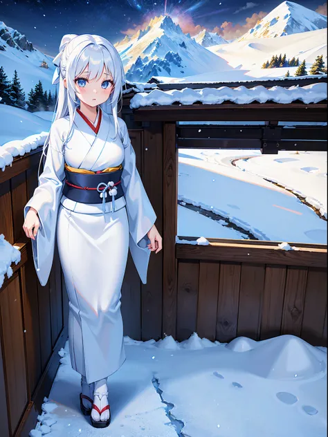 (RAW Photos, Best Quality), (animesque: 1.2), snowscape, ((a girl in white kimono)), snow woman, mountain hut, Professional Lighting, Photon mapping, Physically Based Rendering,