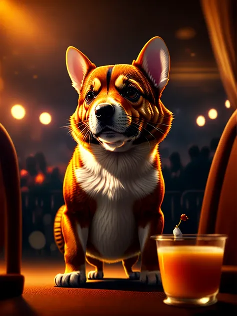 Caramel dog dressed as a crocodile in a nightclub with the squirrel cat with orange juice