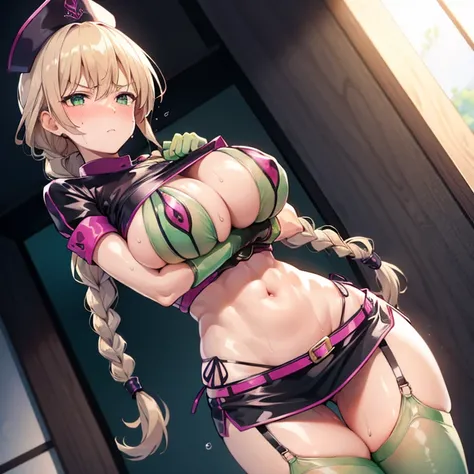 photo of ccfng, braid, large breasts, nurse cap, revealing clothes, shrug (clothing), short sleeves, layered bikini, purple bikini, green bikini, green gloves, elbow gloves, pink belt, black skirt, microskirt, green thighhighs, garter straps with large bre...