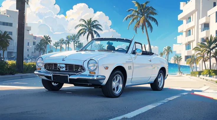 seaside, palm tree, mystical starry sky, (((white convertible classic car)))