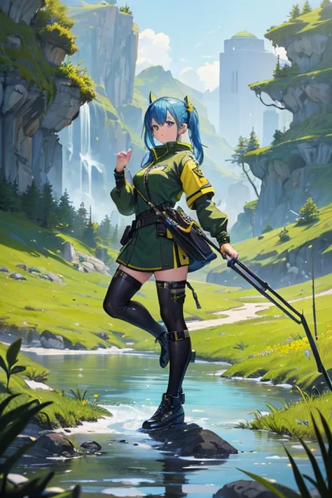 ((best quality)), ((masterpiece)), (detailed), detailed, rpg, full body, pose, yellow, grass green, water blue, streetwear, techwear, roman empire, dice