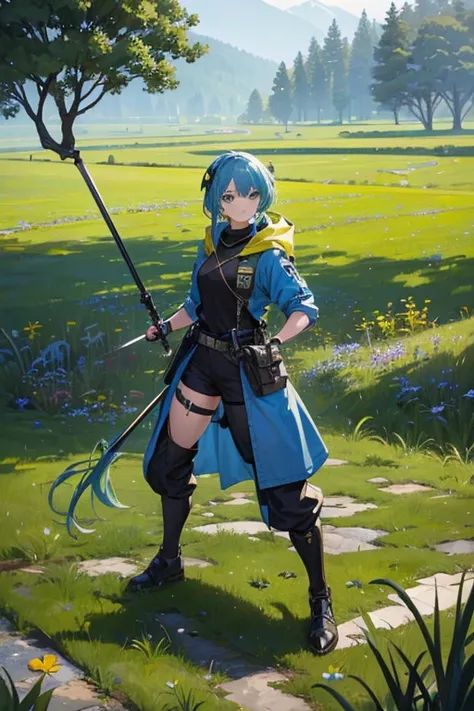 ((best quality)), ((masterpiece)), (detailed), detailed, rpg, full body, pose, yellow, grass green, water blue, streetwear, techwear, roman empire, dice