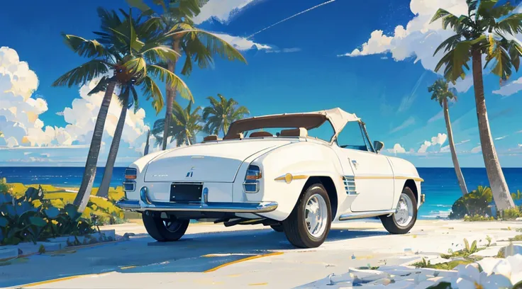 starry sky, seaside, palm tree, (((white convertible classic car)))