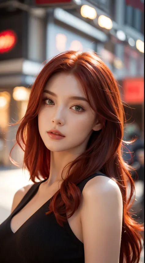 Generate a captivating close-up image of a beautiful woman with fiery red hair cascading down to her shoulders. Focus on her expressive green eyes, which convey a mix of mystery and allure. Shes dressed in a stylish yet casual ensemble, radiating confidenc...