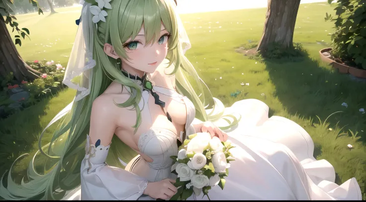 high detail, symmetrical, masterpiece, best quality, mobius (honkai impact), honkai (series), honkai impact 3rd, 1girl, solo, green hair, long hair, looking at viewer, small breasts, same eye colour, wedding dress, outdoors, bridal veil, long dress, white ...