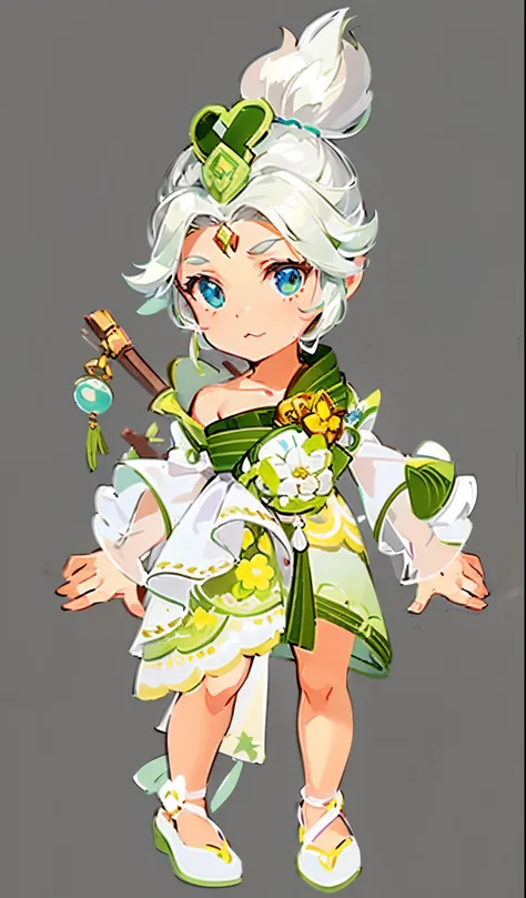 （Antique costumes），（Plant pattern：1.1）Cartoon illustration of a woman wearing green and white clothes, girl in floral suit, Character art of Maple Leaf Story,, character design contest winner, character artwork, stylized anime, Game character design, Offic...