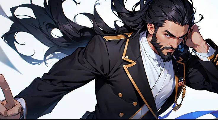 1 Man solo, solo.he has a short black beard and he has black flowing hair. clear background. white background