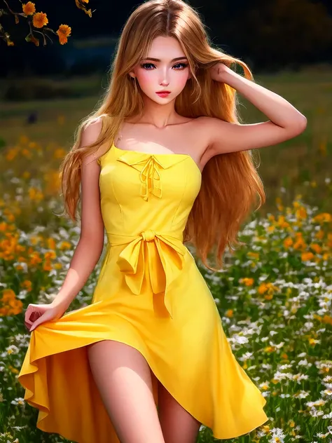 una mujer con un vestido amarillo parada en un campo de flores, (((amarillo))), Elegante piel amarilla, con un vestido amarillo, Chica joven y linda, Yelow, linda joven, buena joven, hot petite teen girl, Anna Nikolanova aka Newmilky, Hermosa mujer amarill...