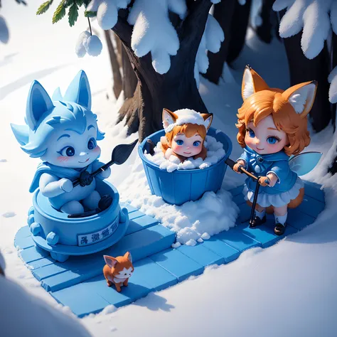 ​masterpiece、top-quality、ultra-detailliert、(1 little fox-eared baby:1.2)、fairy tale snow forest、blue plastic mini shovel、blue plastic micro bucket、A smile、Standing