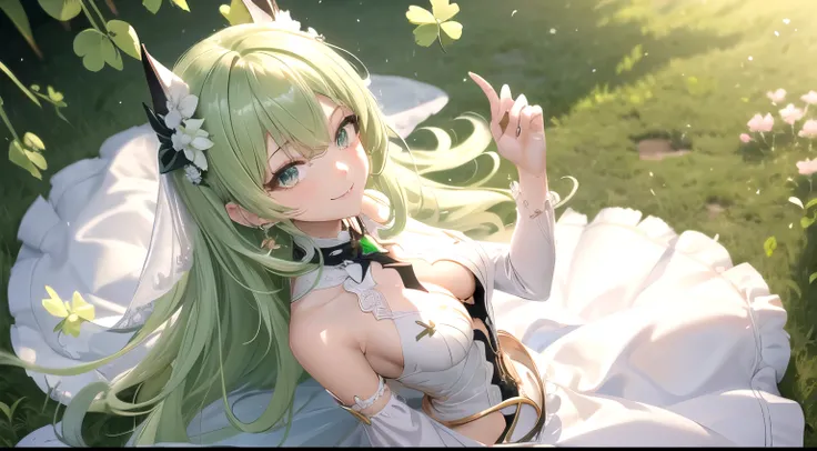 high detail, symmetrical, masterpiece, best quality, mobius (honkai impact), honkai (series), honkai impact 3rd, 1girl, solo, green hair, long hair, looking at viewer, small breasts, same eye colour, wedding dress, outdoors, bridal veil, long dress, white ...