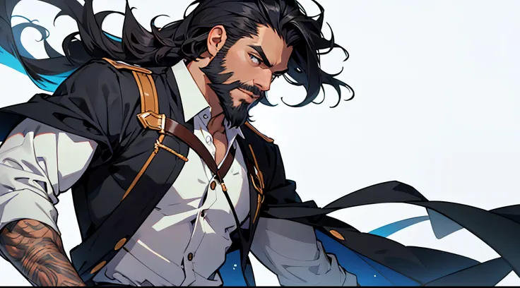 1 Man solo, solo.he has a short black beard and he has black flowing hair. clear background. white background