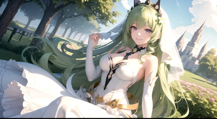 high detail, symmetrical, masterpiece, best quality, mobius (honkai impact), honkai (series), honkai impact 3rd, 1girl, solo, green hair, long hair, looking at viewer, small breasts, same eye colour, wedding dress, outdoors, bridal veil, long dress, white ...