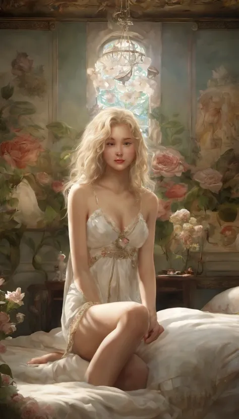 （high detail,hyper quality,high resolution,dianyingdianying:1.5）A young girl with an angelic face, blonde hair, white pajamas with revealing underwear, plump breasts, a slender waist, jade feet without shoes, and long white legs. In her room, there are fre...