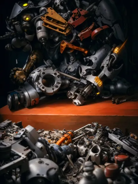 There are many different types of tools on the table, mechanicalparts, made from mechanical parts, mechanicalparts, spare parts, Detailed mechanical parts, Scrap metal on the workbench, wrench, robot robot parts, Made up of many metal sheets, mechanicalpar...