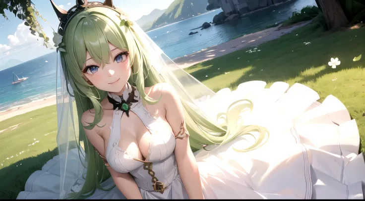 high detail, symmetrical, masterpiece, best quality, mobius (honkai impact), honkai (series), honkai impact 3rd, 1girl, solo, green hair, long hair, looking at viewer, small breasts, same eye colour, wedding dress, outdoors, bridal veil, long dress, white ...