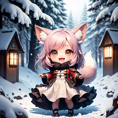 ​masterpiece、top-quality、ultra-detailliert、(Chibi Charas Daughter:1.2)、Fox ears、Fairy tale forest in heavy snowfall area、Dancing、Open your mouth and smile