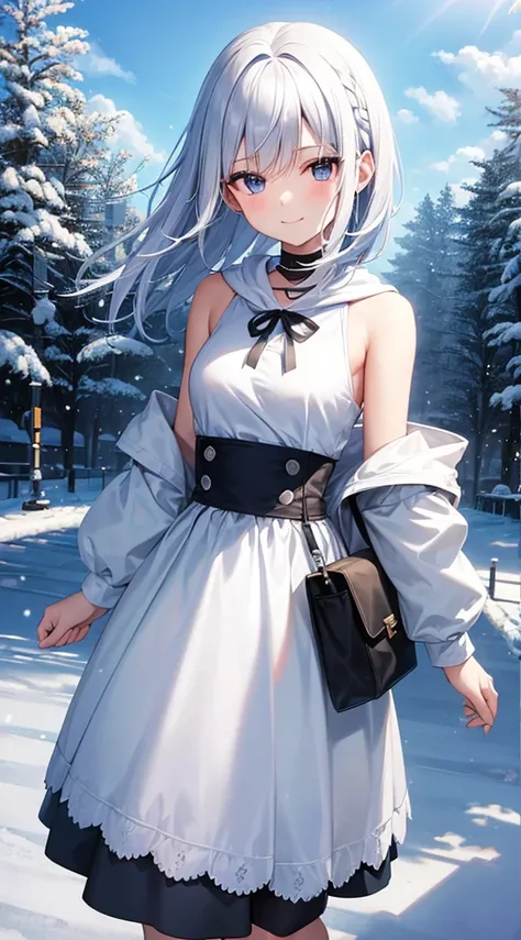 mid-shot, Look at viewers, hands behind back, girl with, 20 years old, Very short hair, long bangs between eyes, hair over shoulder, Grey Hair, Floating hair, ^ ^, pale blue eyes,, Hoodie, The shirt,Skirt, Bare shoulder, White clothes, Blue sky, Nature, Su...