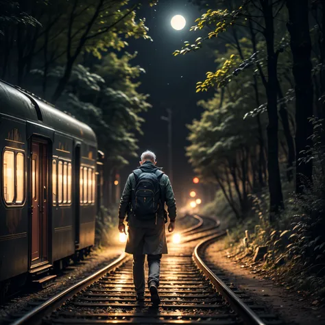 realistic image of old man with a backpack and traveler's outfit, carrying a flashlight, walking along a train track in the midd...