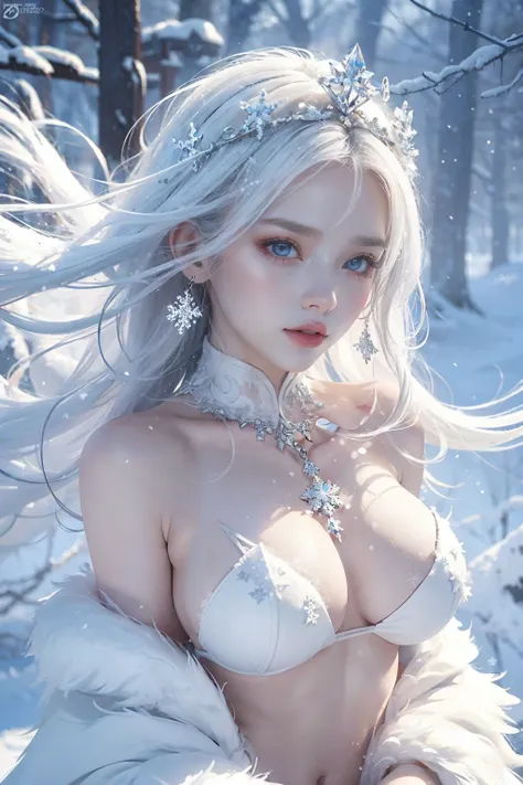 snow blizzard snowstorm, female, the body, sun light, shaved open pubis, haircut white hairs, a lot of snowflakes, in the snow i...