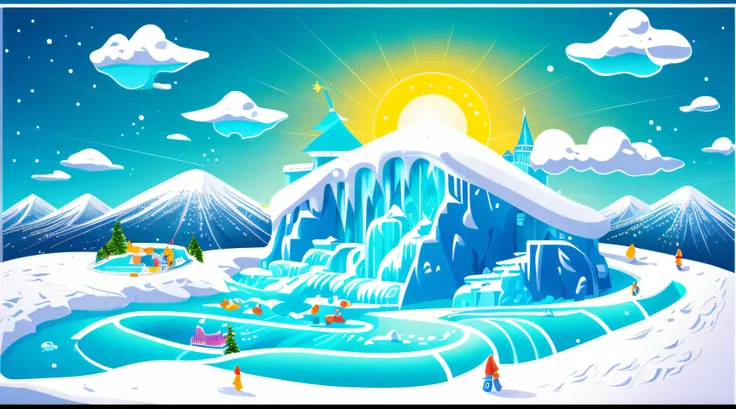 Bright, (((Cartoon style))), beautiful landscape without people, depicting ice slides, ice sculptures, ((Sunny day)), illustration for children, Masterpiece, snowmen in the background, Detailed, Intricate, 4k, Art