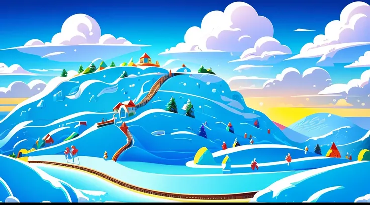 bright, (((cartoon style))), a beautiful landscape without people depicting ice slides, ice sculptures, ((sunny day)), illustration for children, masterpiece, snowmen in the background, detailed, intricate, 4k, art