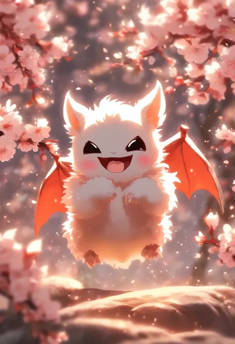 Adorable white bat, paws up, 8k, cherry blossoms