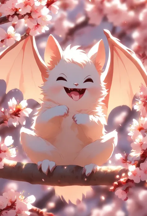 Adorable white bat, paws up, 8k, cherry blossoms