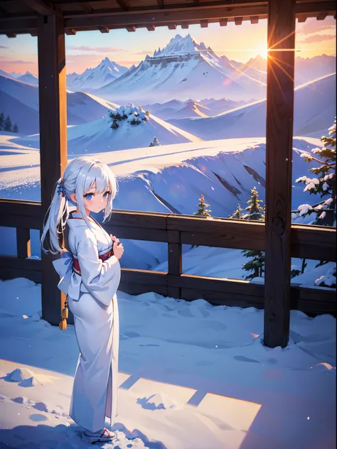 (RAW Photos, Best Quality), (animesque: 1.2), snowscape, ((a girl in white kimono)), snow woman, snow mountains, Looking Back Pose, sunrises, Contre-Jour, Professional Lighting, Photon mapping, Physically Based Rendering,