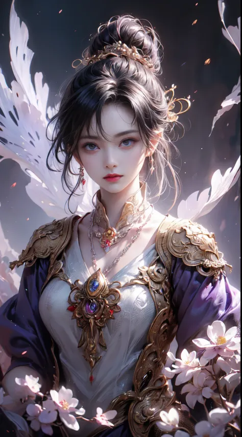 1 beauty in hanfu, ((the white thin purple silk shirt is very textured)), white lace top, purple platinum long ponytail, jewely,...