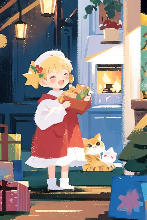 A cute cat and Christmas tree, A cat knocks down a Christmas tree, An innocent expression.