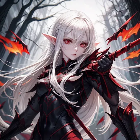 Pale elf with white hair and red eyes, blackand red suit, holds daggers in attack stance in a dark forest, high quality, high details, detailed eyes and hair