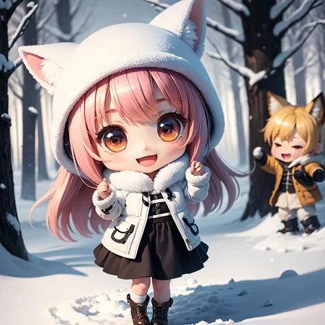 ​masterpiece、top-quality、ultra-detailliert、(Chibi Charas Daughter:1.27)、Fox ears、Fairy tale forest in heavy snowfall area、Dancing、white fluffy duffel coat、Open your mouth and smile