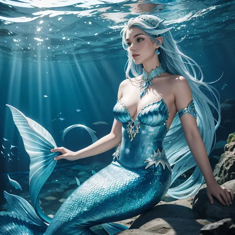 mermaid swimming in the sea, blue scales, Fine scales from the neck down, silber hair, Close-fitting arm sleeves, earlobes are fins, expanded caudal fin