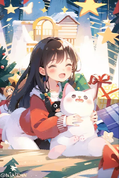 A cute girl, Cute cat and Christmas tree