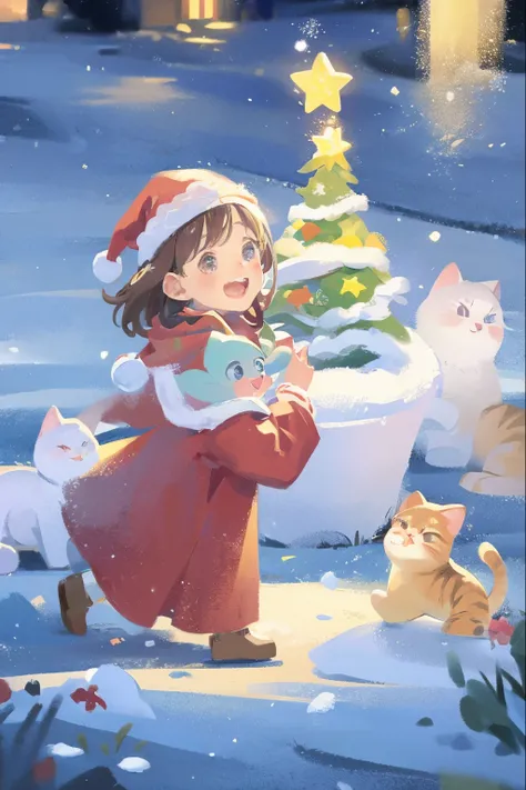 best quality,ultra-detailed,colorful,realistic,portrait,cheerful girl,playful cat,beautifully decorated Christmas tree,sparkling lights,soft snowflakes,cozy winter scene,vibrant colors,cute outfits,joyful atmosphere,warm smiles,whimsical elements,natural l...