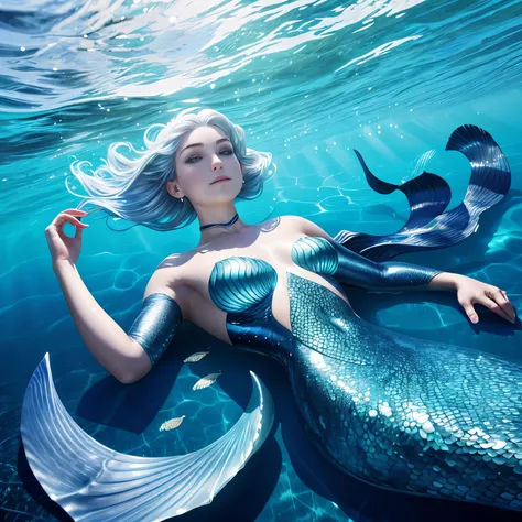 mermaid swimming in the sea, blue scales, Fine scales from the neck down, silber hair, Close-fitting arm sleeves, earlobes are fins, expanded caudal fin