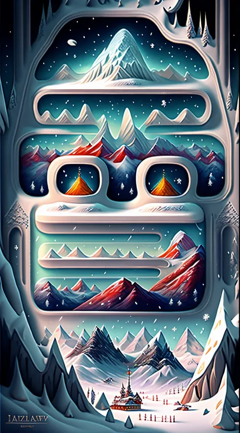 Poster design，（Huge snowy mountains），（Blizzarding），Fantasyart，Surreal，,the ultra-detailed,